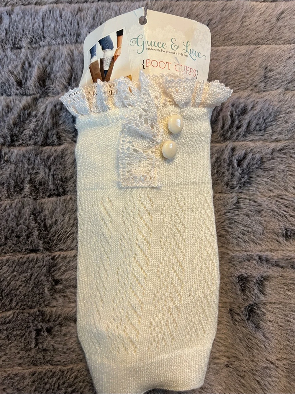 Grace & Lace Cream Lace-Trim Boot Cuffs with Buttons